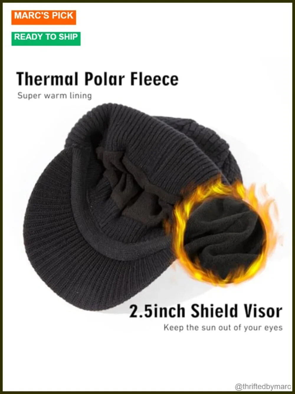 100% Merino Wool Fleece Lined Visor Beanie Winter Hat